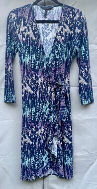 BCBGMAXAZRIA  Wrap Dress Small Blue Purple Abstract Ikat Midi Career Event